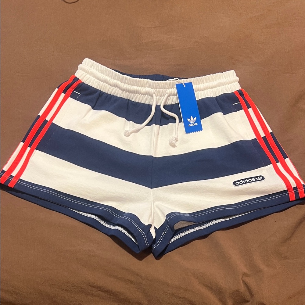 Adidas Navy and White Striped Shorts with Red Details